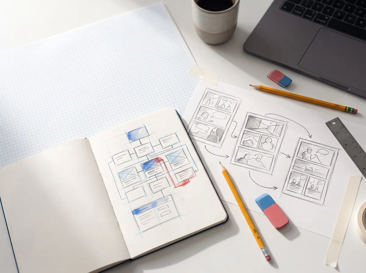Top-down photo of a drafting table with comic sketches, a laptop showing code-like pencil diagrams, and a coffee cup.
