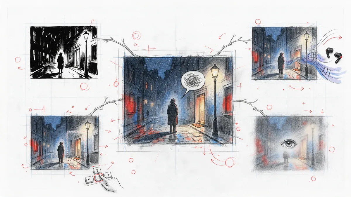 One comic panel at the centre with four copies of it: high-contrast, read aloud as sound waves, with a keyboard focus outline, and blurred behind a content warning.