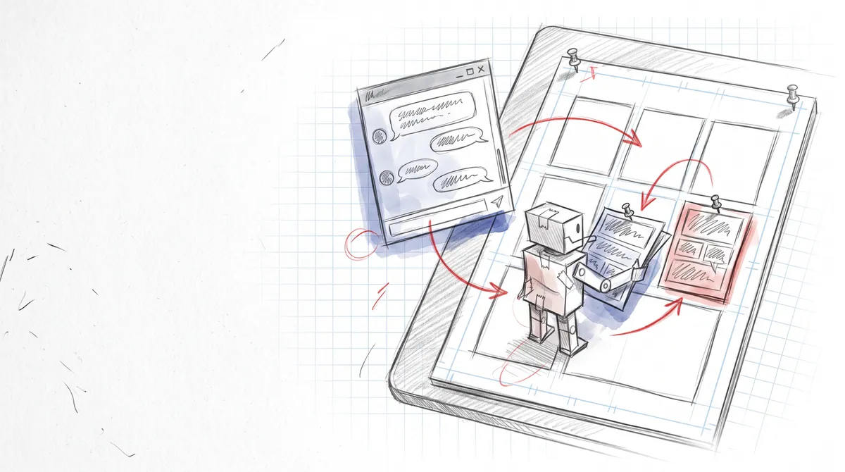 Pencil sketch of a chat window floating beside a comic page while a paper robot attaches panels to it.