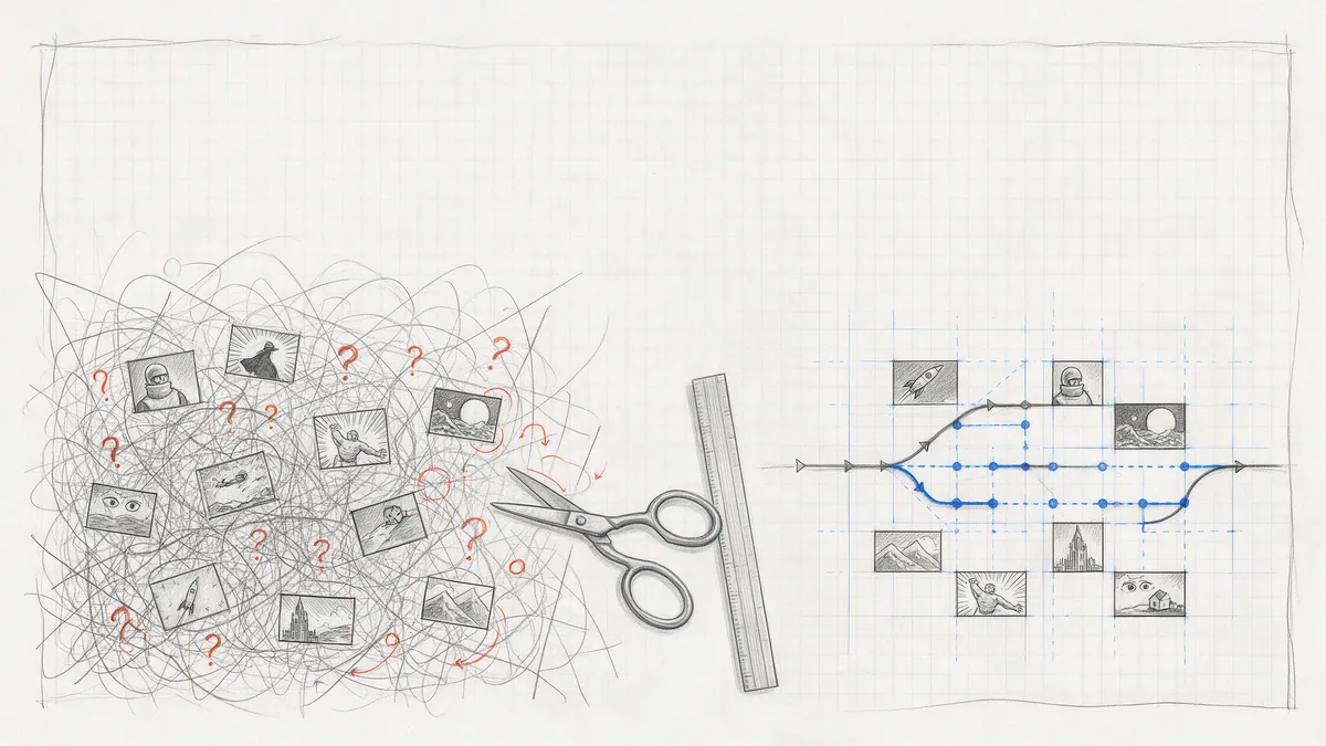 Pencil sketch contrasting a tangled spaghetti of story lines with a clean, organised graph of comic panels.