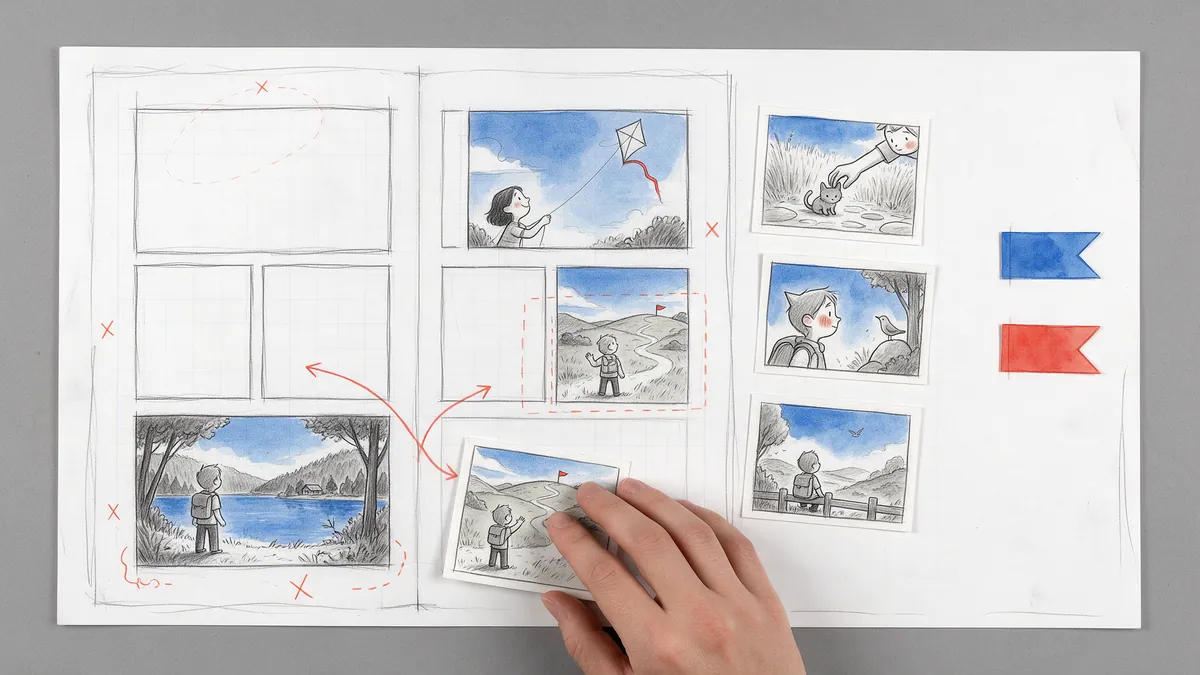 Pencil sketch of a few finished panel drawings being laid onto an empty two-page layout, with a small branch arrow.