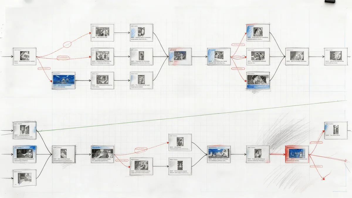 Hand-drawn story graph on grid paper: rows of comic panel nodes linked by arrows, with red dashed conditional edges branching off and merging back into the main path.