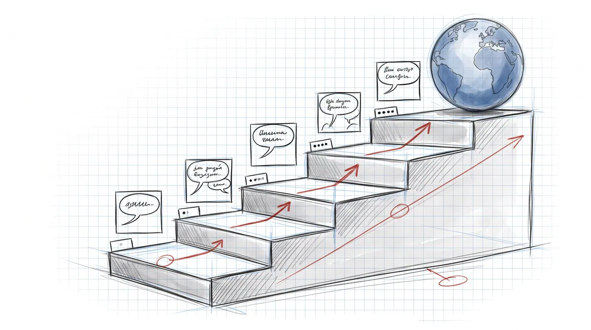 Pencil sketch of five steps leading up to a globe, each step holding a comic panel with a speech balloon.
