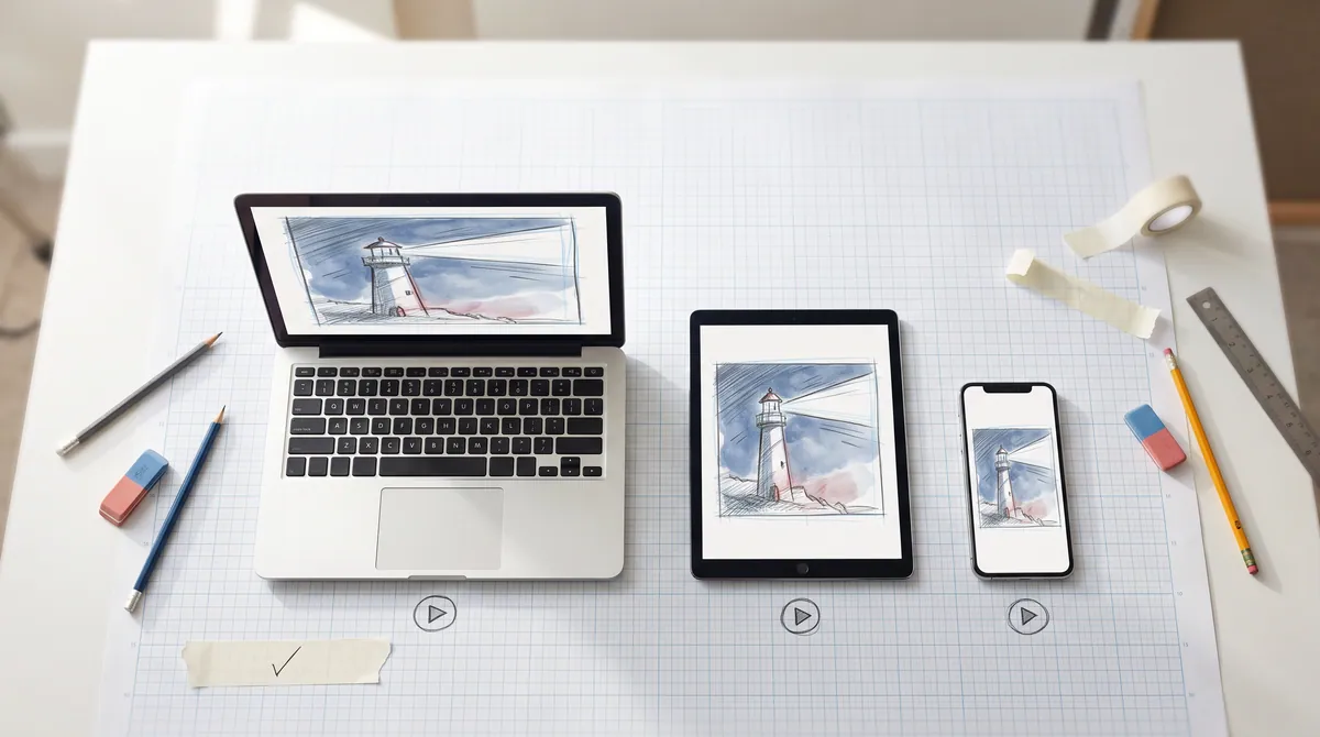 Top-down photo: a phone, a tablet and a laptop side by side, each playing the same pencil-style comic panel.