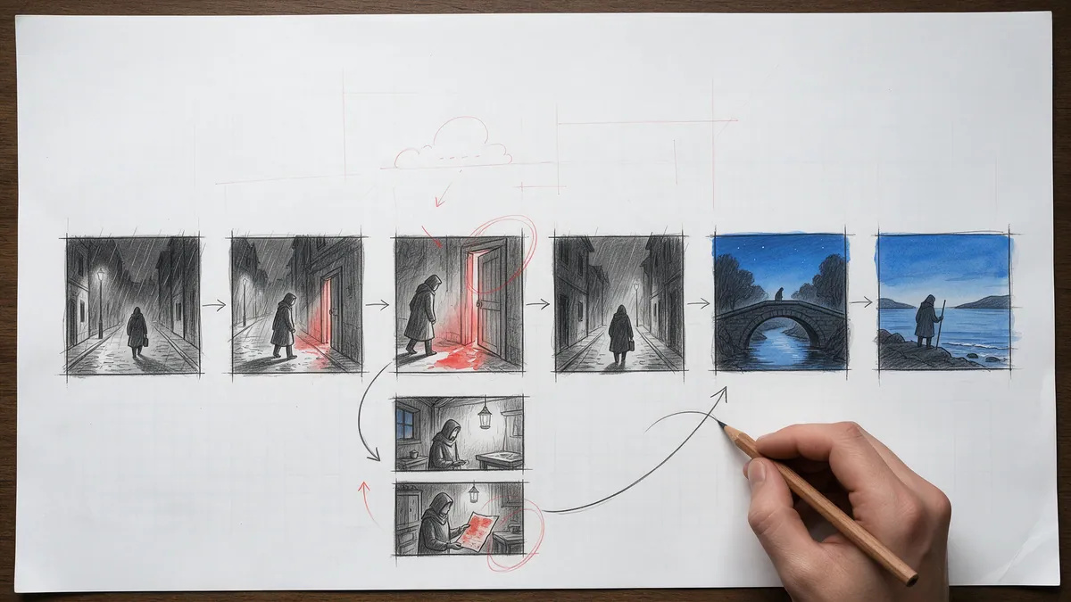 A straight row of comic panels linked by arrows, with a detour that branches off at a door and rejoins the row two panels later, drawn by a hand with a pencil.