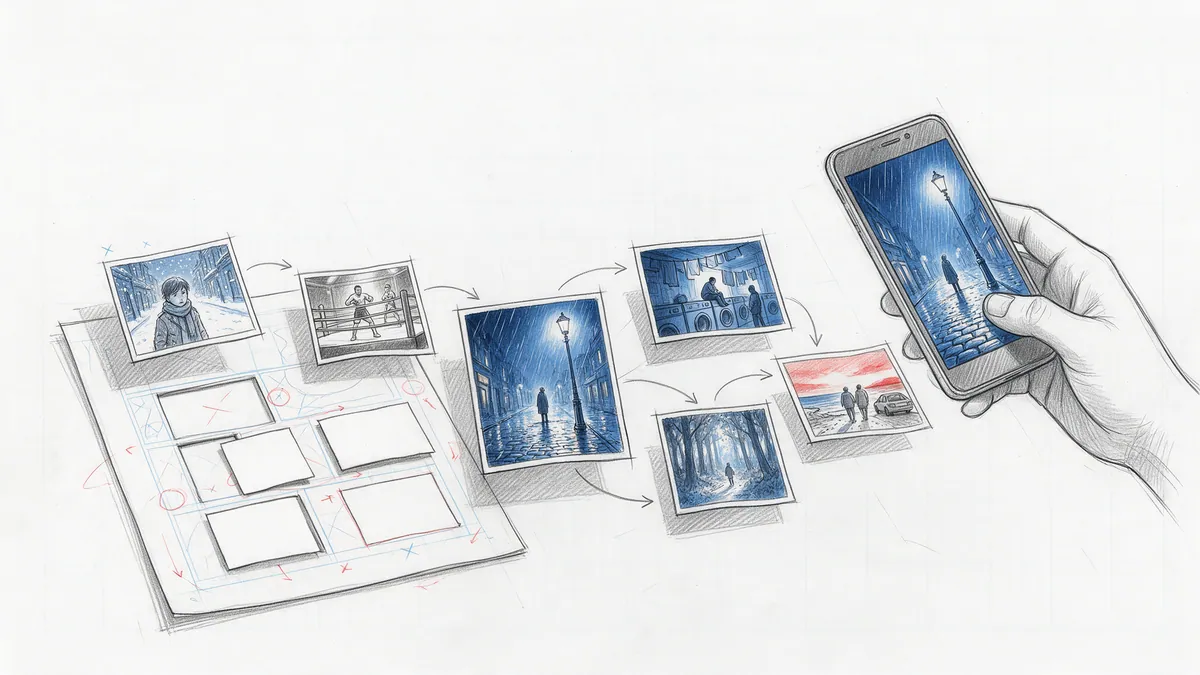 A comic page whose panels lift off the paper and rearrange into a branching map; one panel, a rainy night street, plays on a phone in a reader's hand.