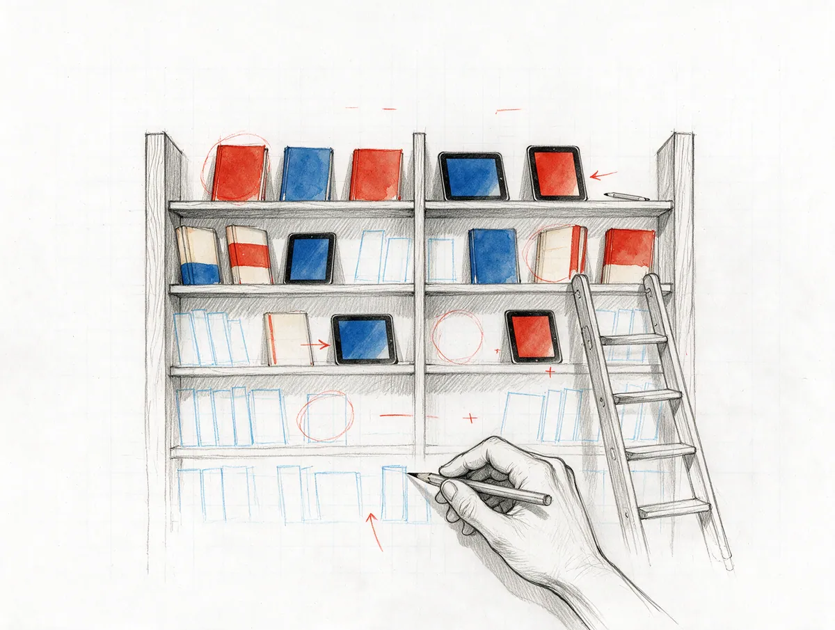 Pencil sketch of an empty bookshelf being filled: some comic covers are finished, others still construction lines.