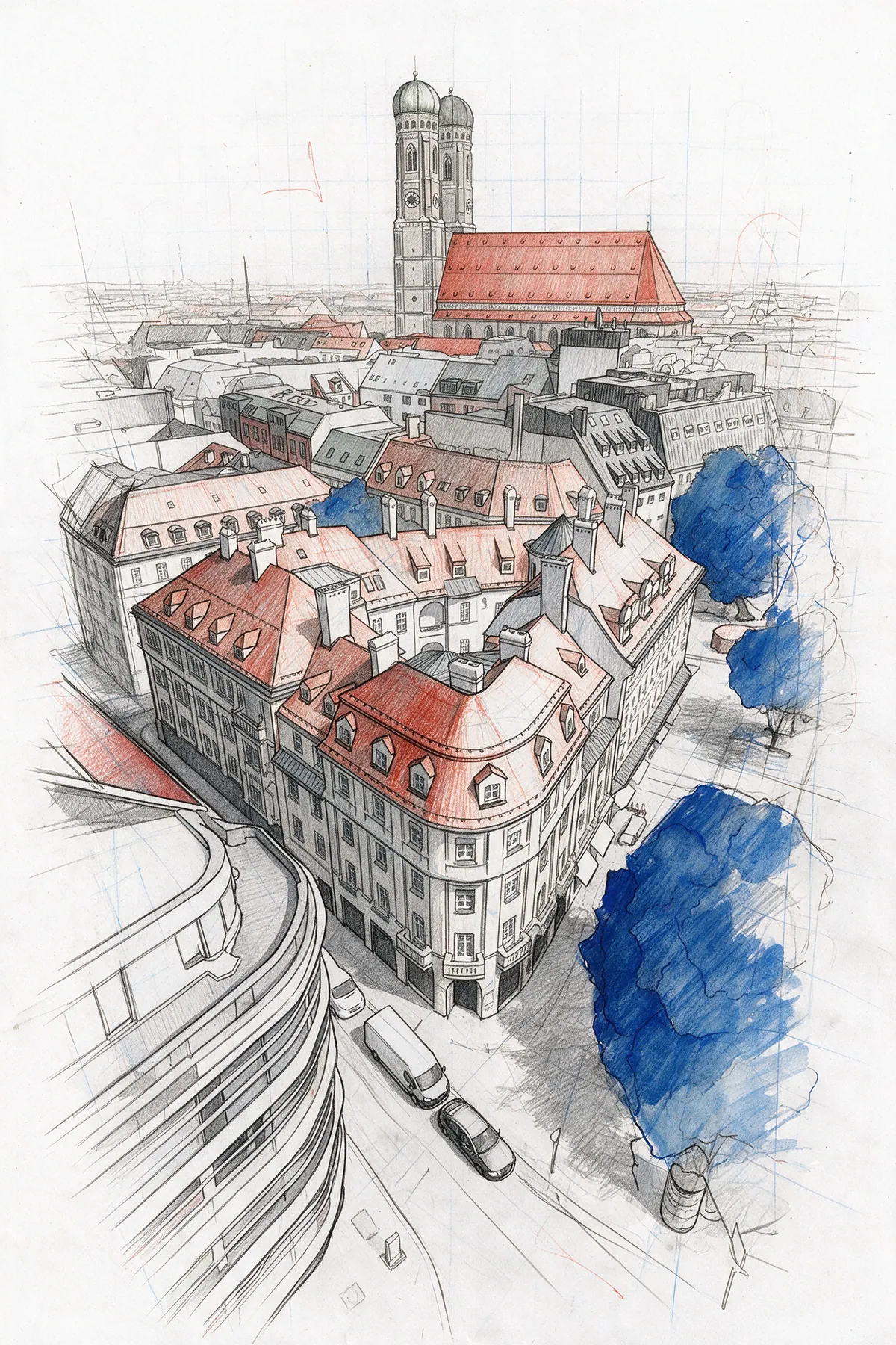 Pencil sketch looking down on Munich's old town: the Ruffinihaus corner building with red-pencil roofs, blue-washed trees, and the Frauenkirche towers behind.