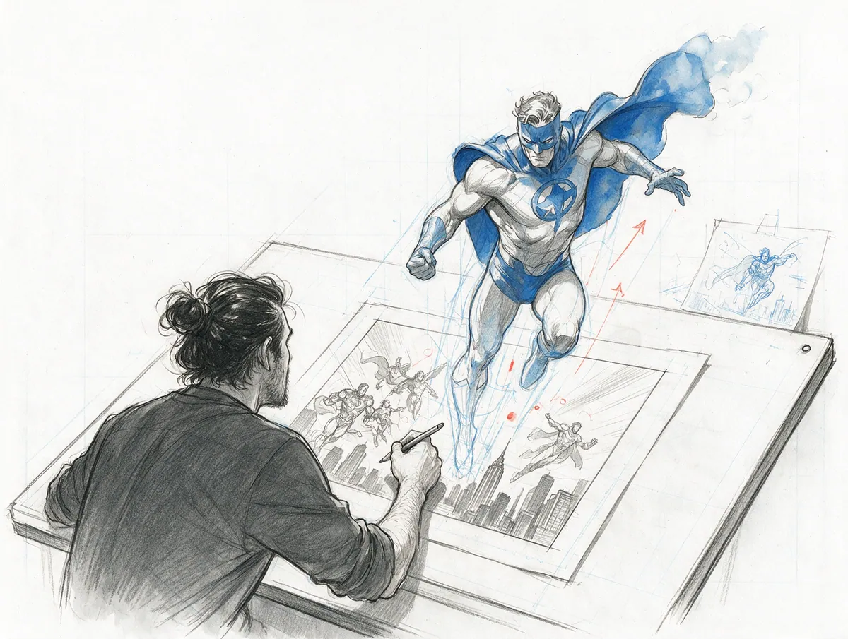 Pencil sketch of a comic artist at a drawing board; the character on the page steps off the paper as if coming alive.