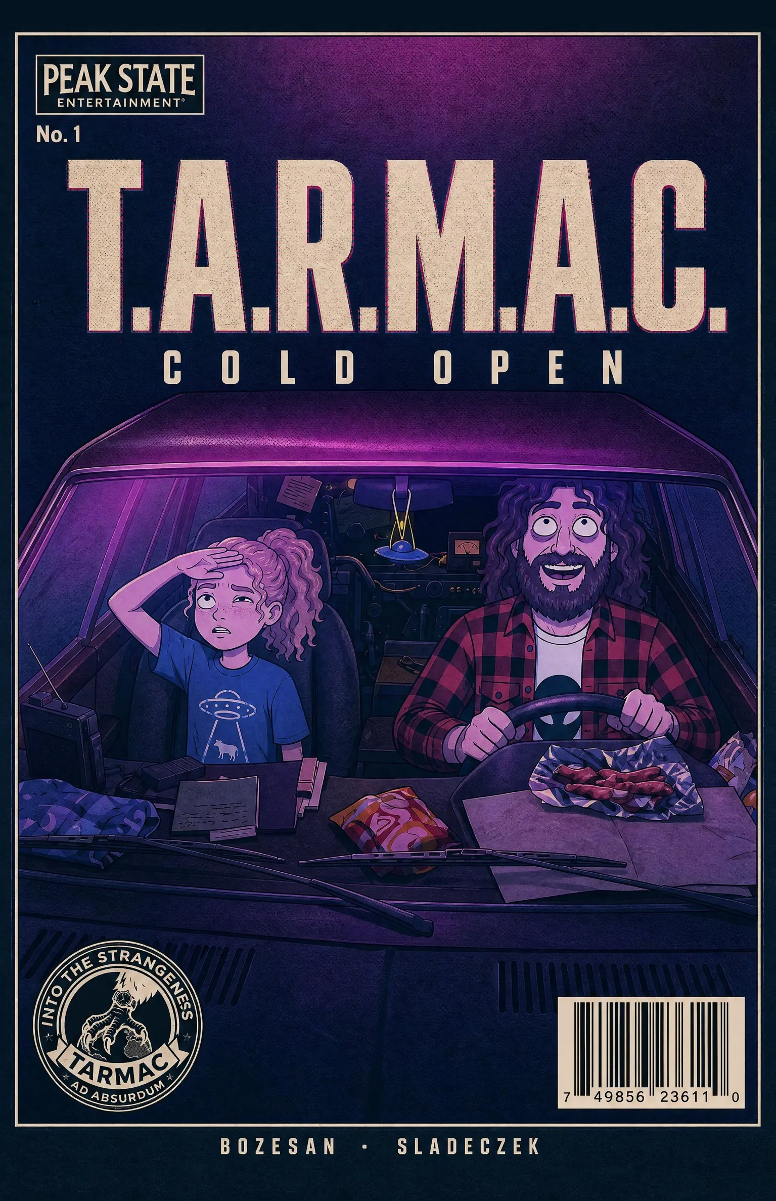 Cover of TARMAC No. 1 “Cold Open”: Nina and her dad in a car under a purple UFO light.