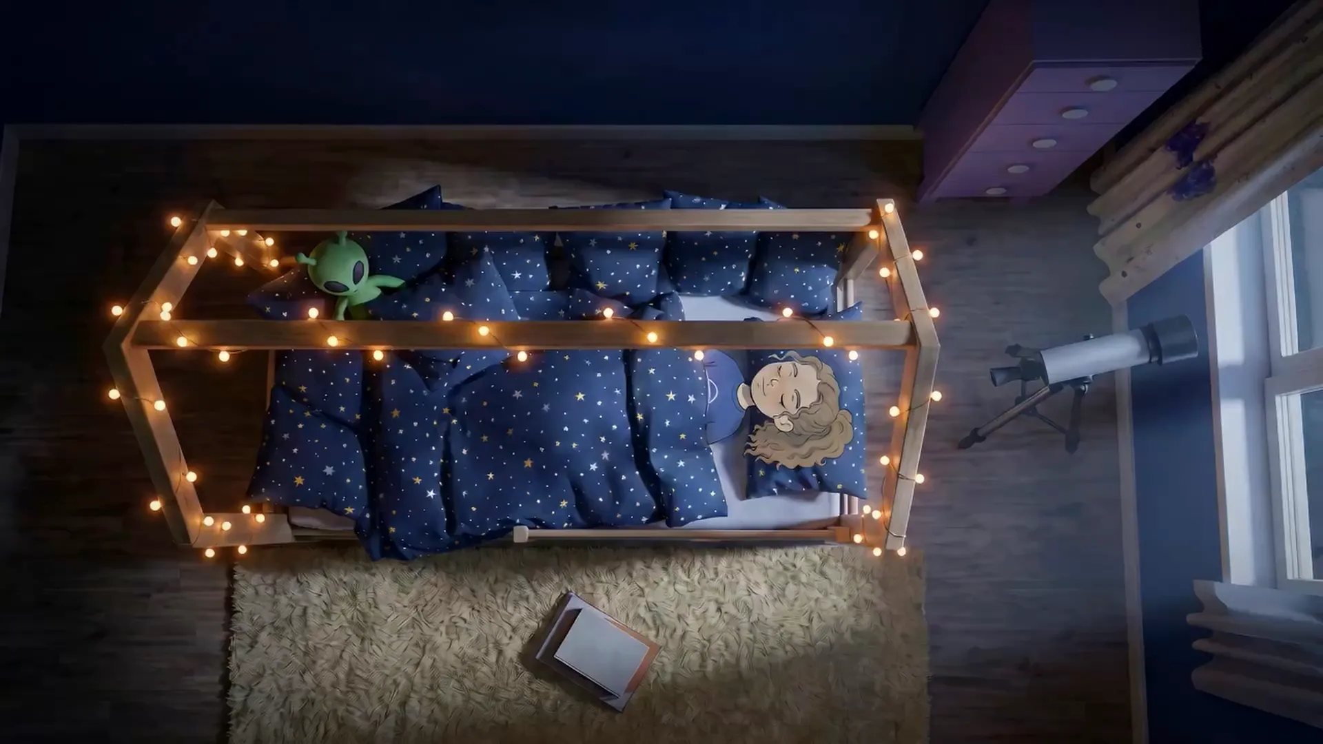 TARMAC panel: Nina asleep at night in her star-covered bed under fairy lights, a telescope by the window.