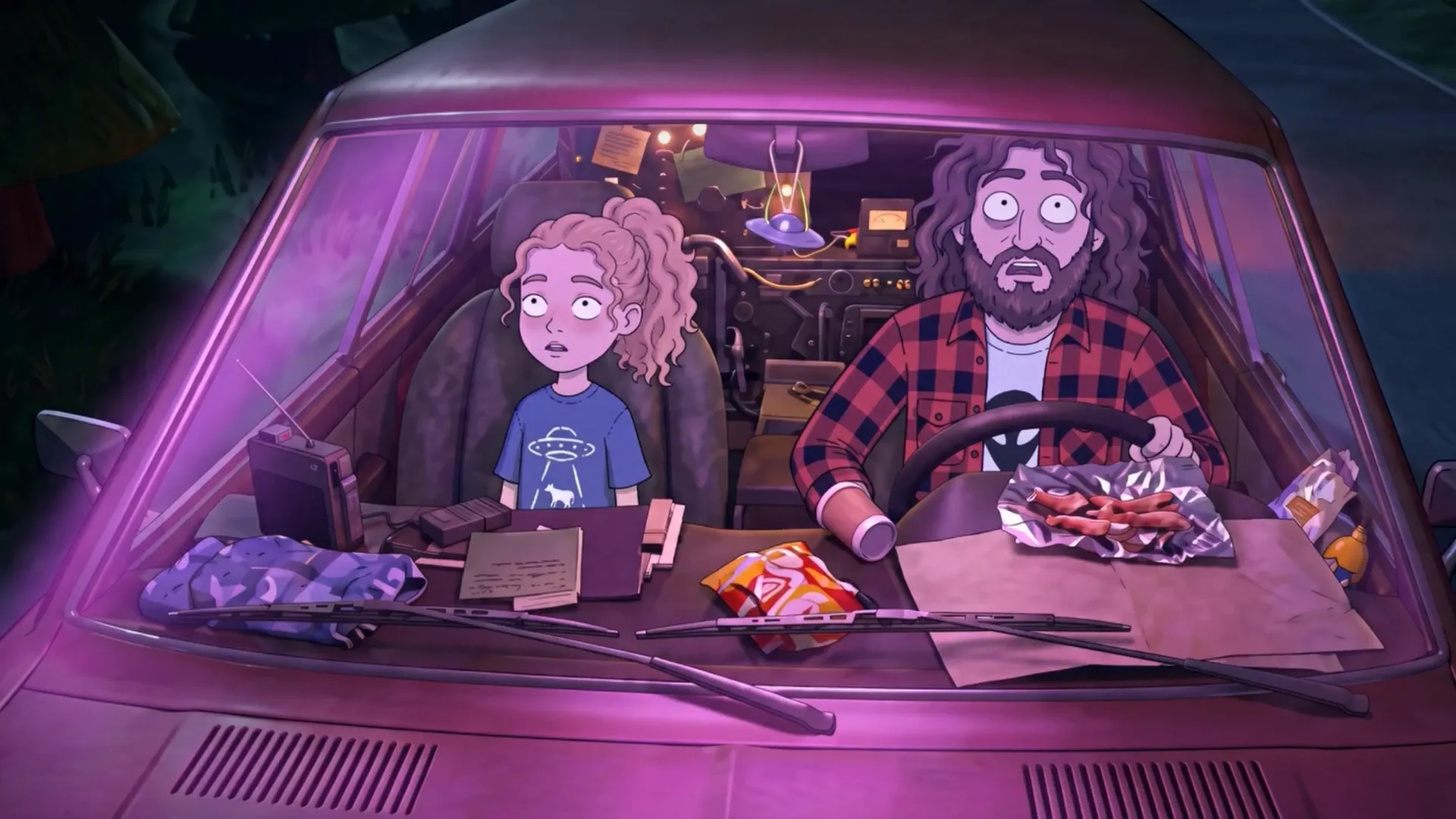 TARMAC panel: Nina and her wide-eyed dad in their cluttered car, bathed in pink light.