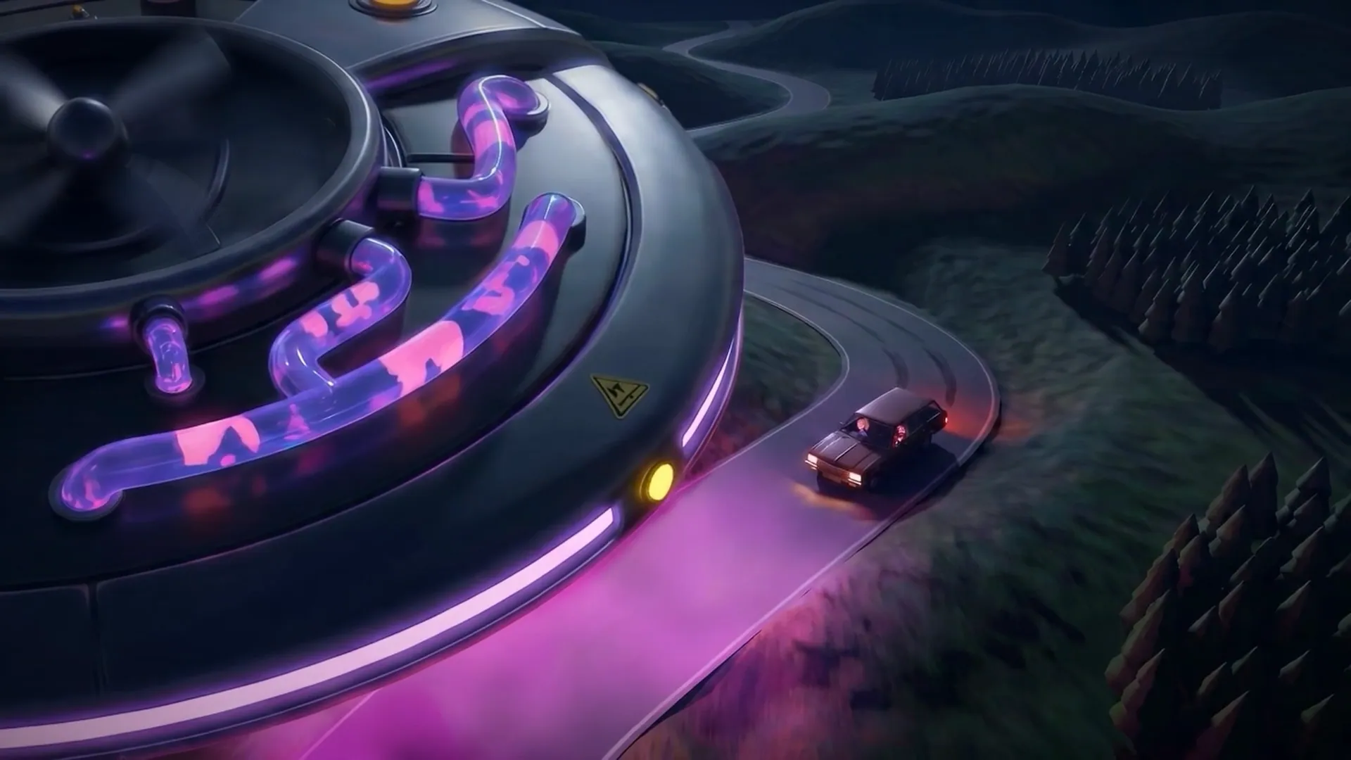 TARMAC panel: a glowing saucer hovers over the old car on a winding country road at night.