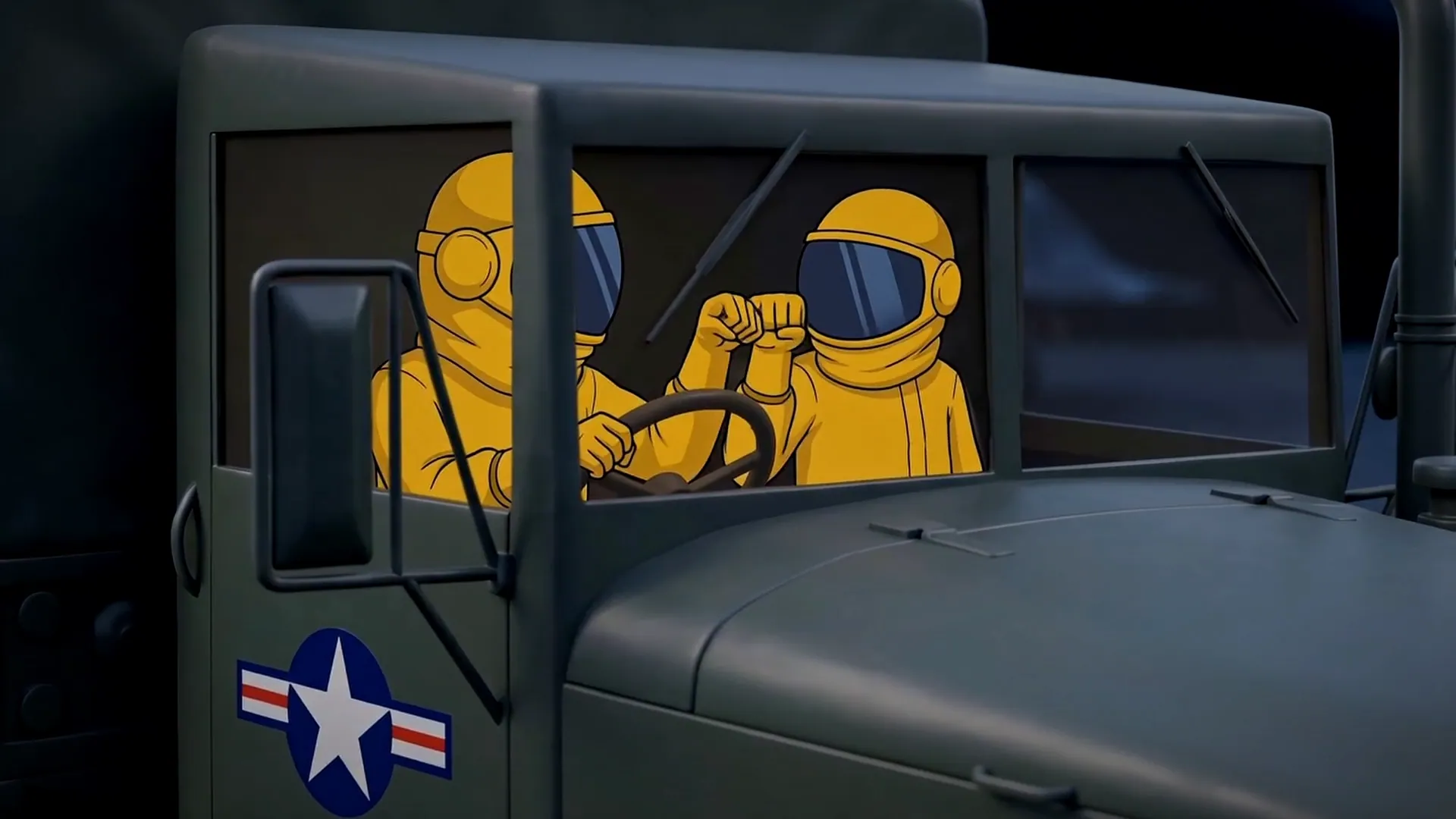 TARMAC panel: two figures in yellow hazmat suits drive a military truck.