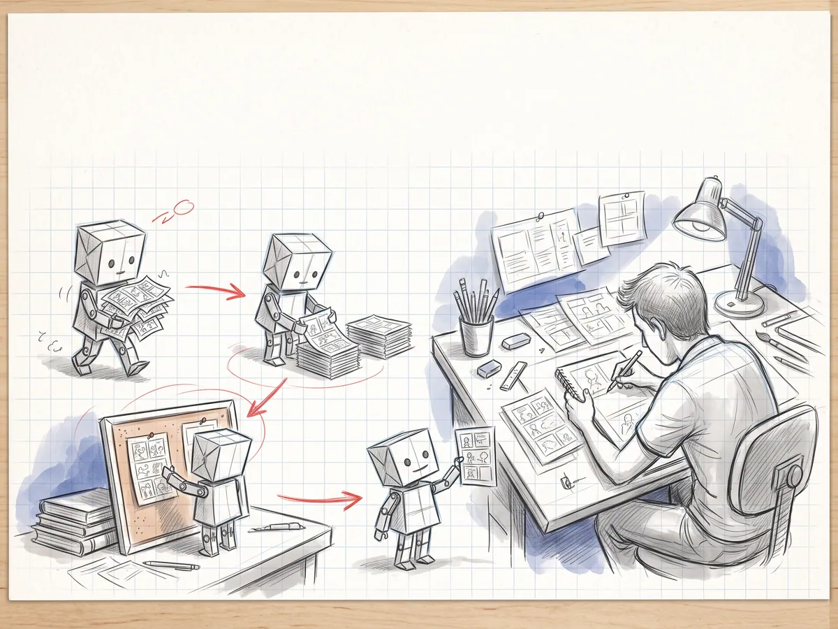 Pencil sketch of an artist drawing at a desk while a small friendly paper robot sorts and carries stacks of comic pages and files.
