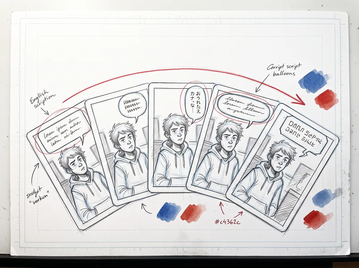Pencil sketch of one comic panel with a speech balloon, fanned out into several copies whose balloons hold scribbled text of different lengths.
