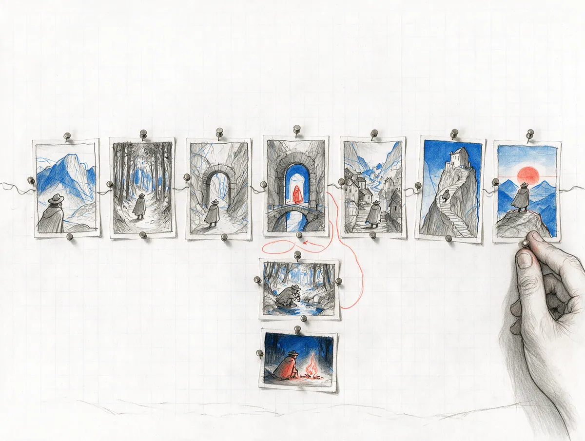 Pencil sketch of comic panels pinned on graph paper, connected by string in a straight line, with one optional branch drawn in red.