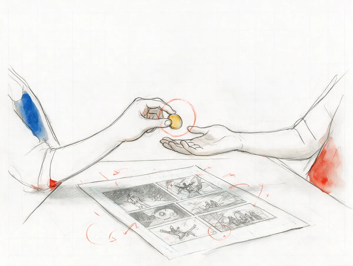 Pencil sketch of a reader handing a coin directly to a comic artist across a drawing board; nothing in between.