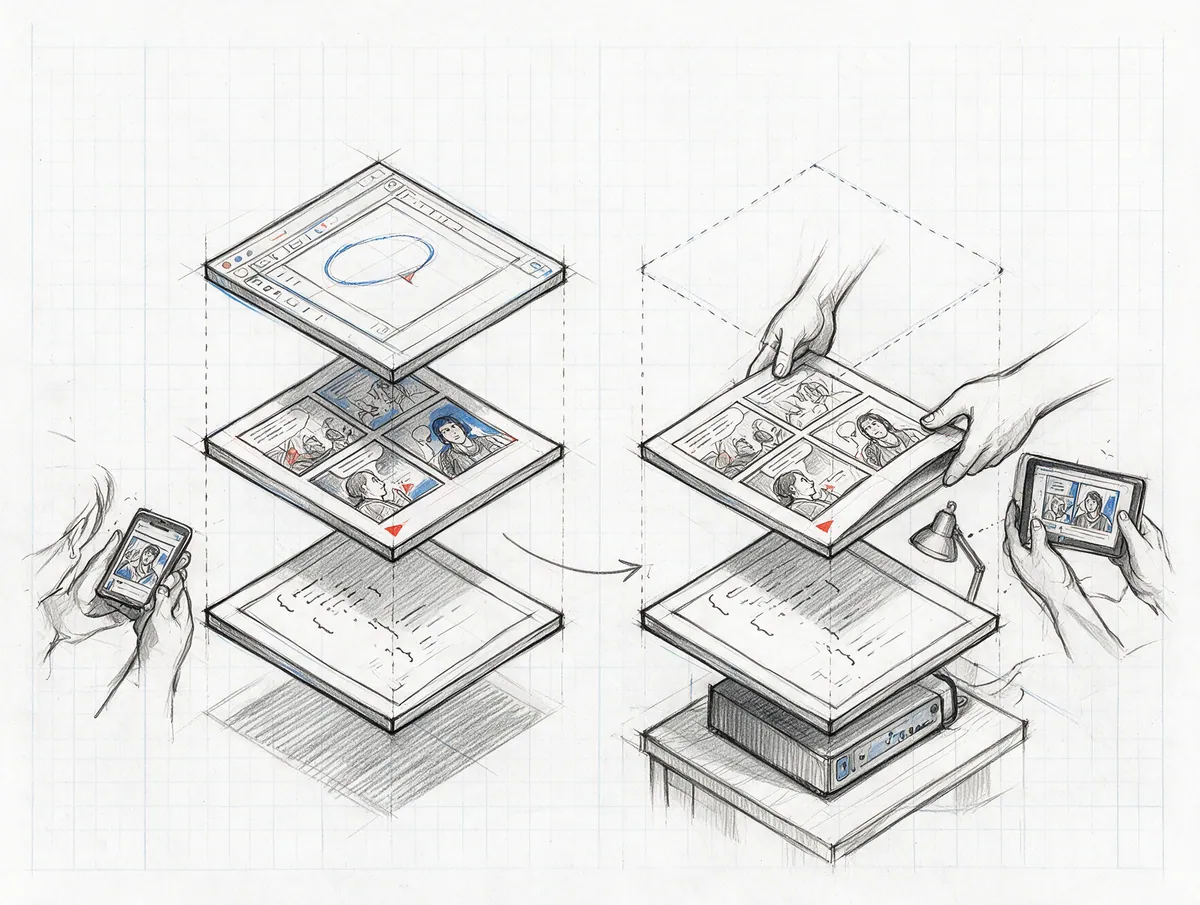 Pencil sketch of an exploded stack — editor screen, comic panels and the work file — read on a phone; on the right, hands lift the same layers onto a small home server and a tablet shows the same comic.