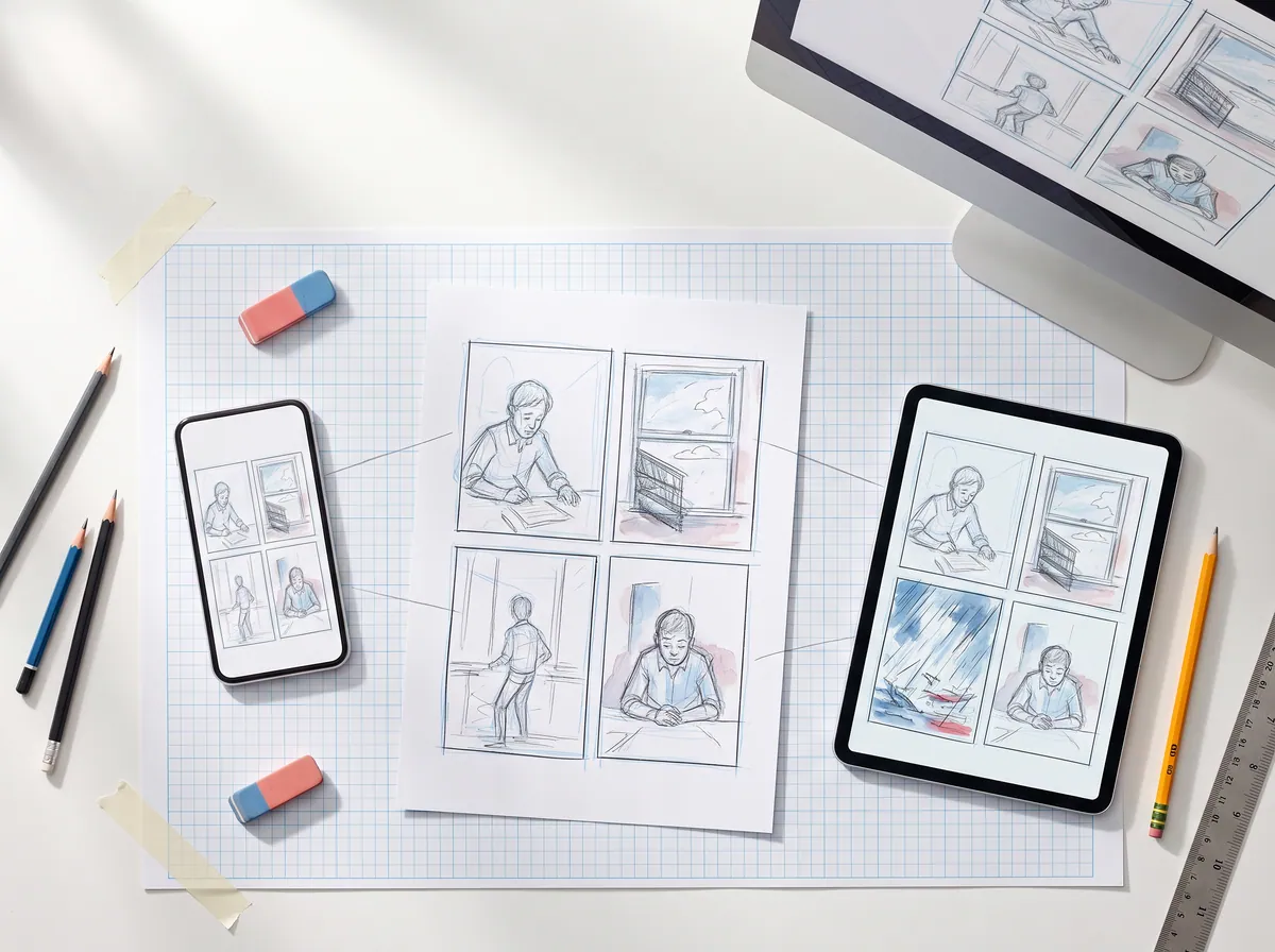 Top-down photo: a printed comic page, and beside it a phone, a tablet and a monitor showing the same panels re-arranged for each screen.