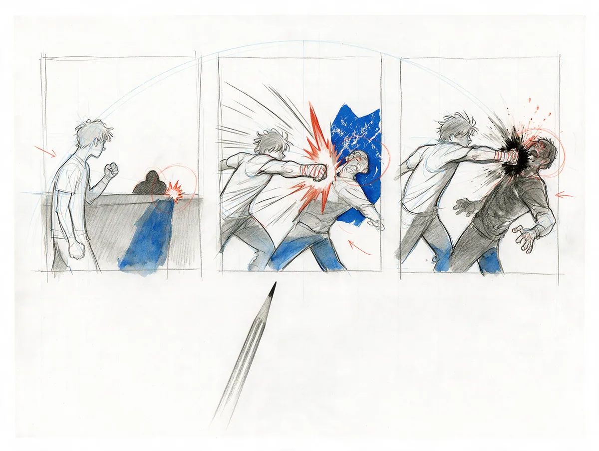 Pencil sketch of the same action panel drawn three times with increasing intensity, arranged like a dial.