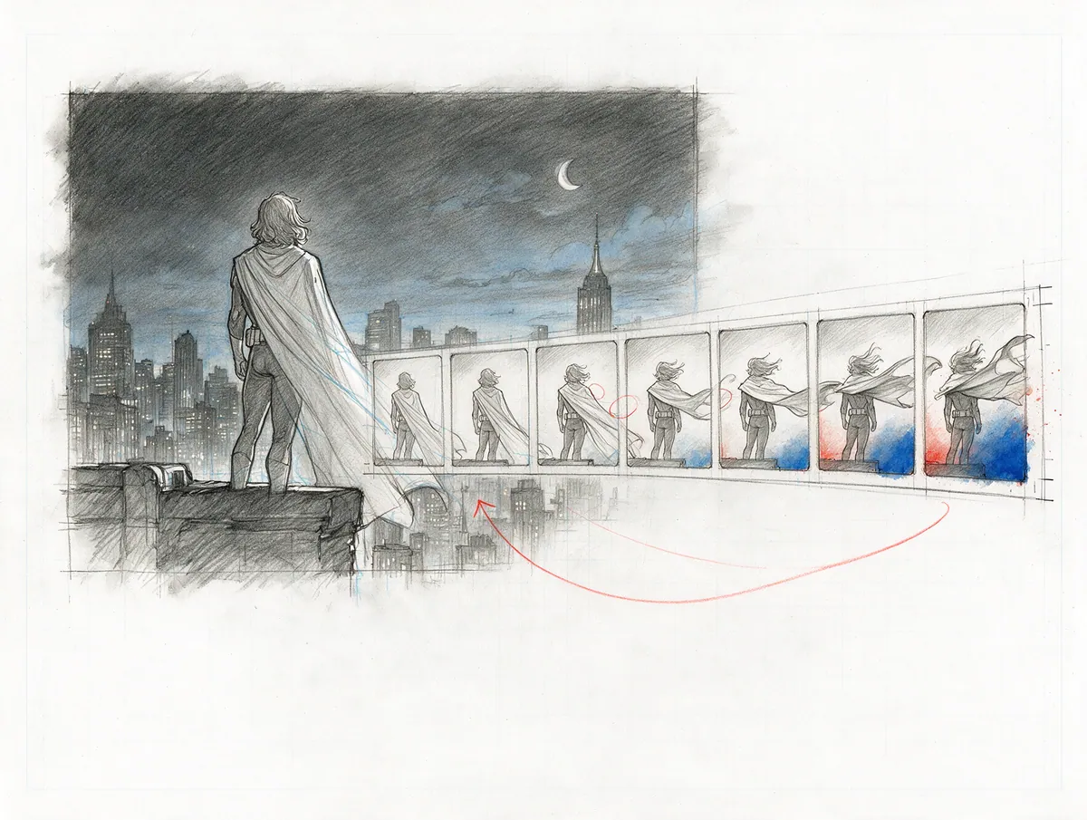 Pencil sketch of a single comic panel turning into a filmstrip: a caped figure on a rooftop in several moving frames.