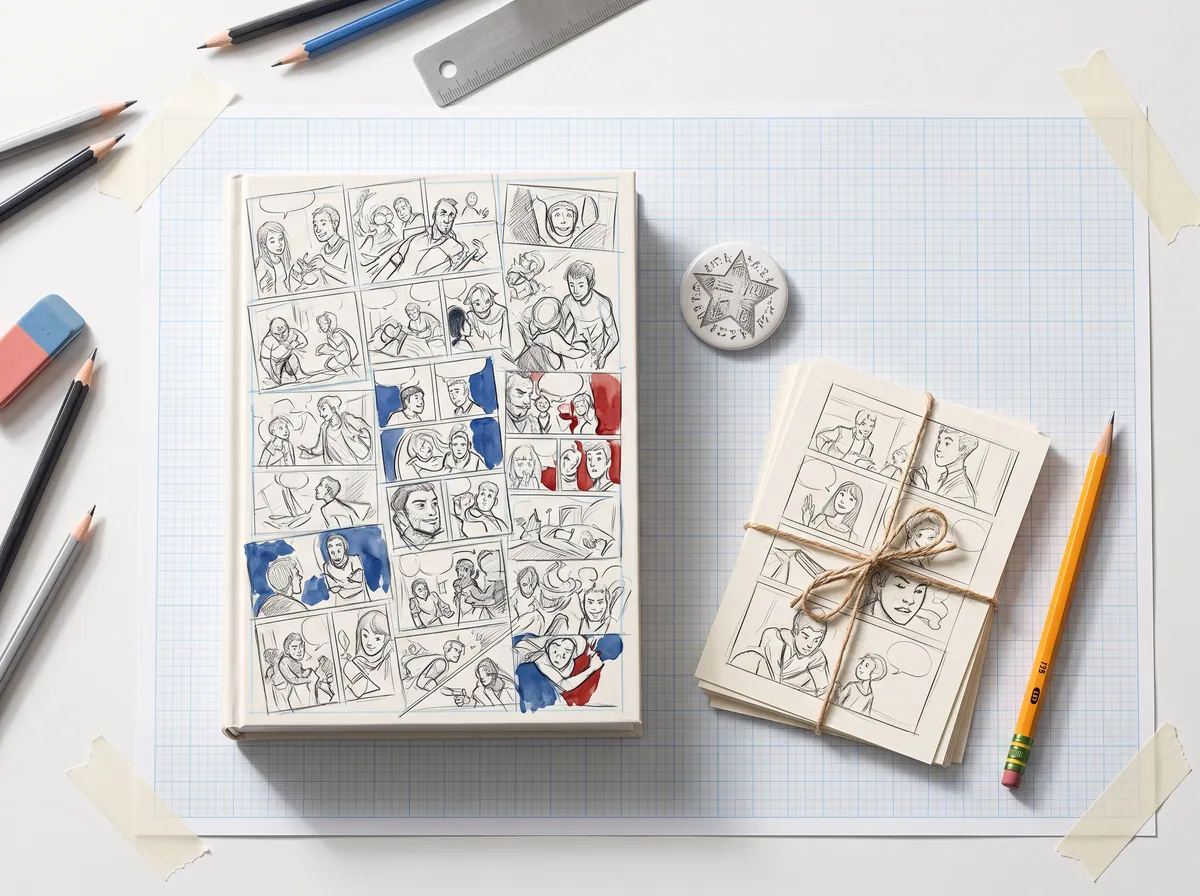Top-down photo: an anthology book mock-up in pencil, a numbered enamel pin and a stack of sketches on a drafting table.