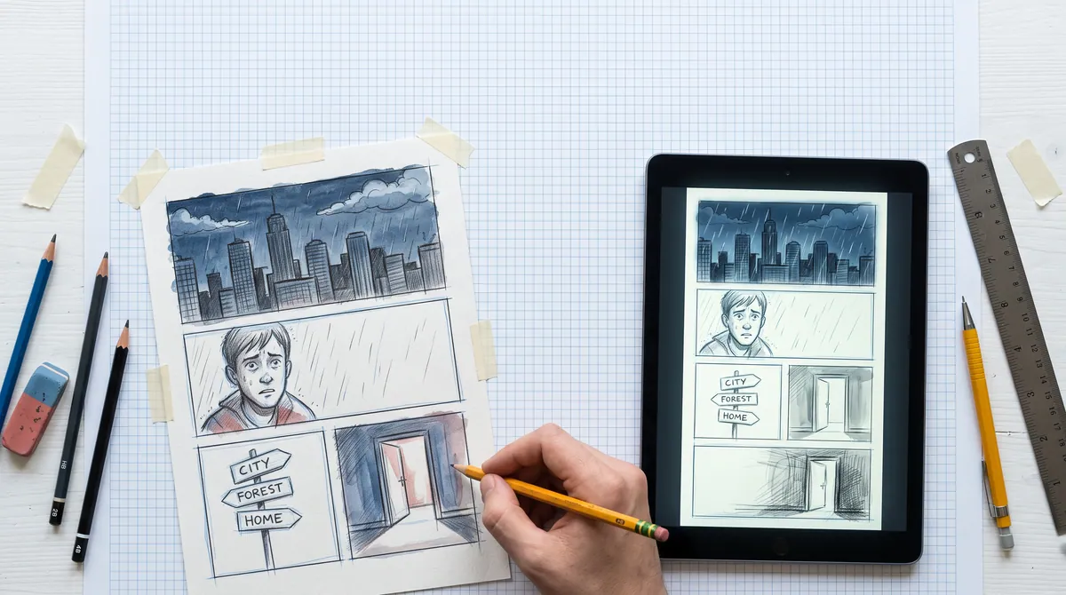 Top-down view of a drawing desk: a comic page in pencil next to a tablet where one panel of the same page plays as a moving scene.