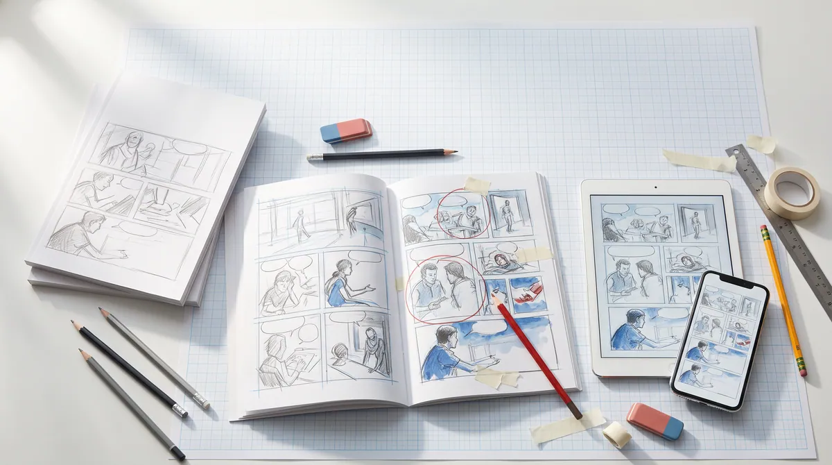 A stack of printed graphic novels on a drafting table next to a tablet and a phone showing the same comic pages laid out for screens.