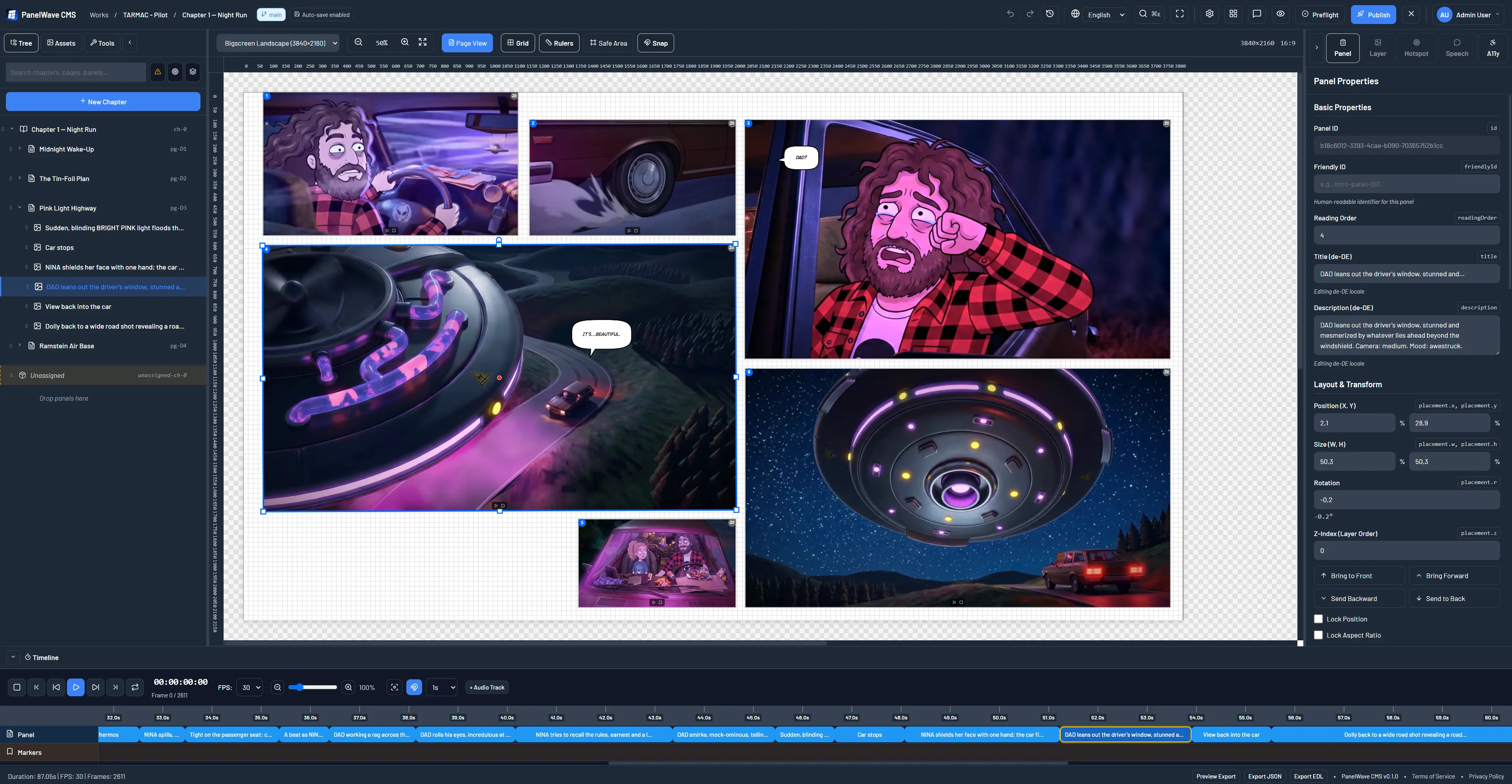 PanelWave CMS editor in 4K: the story tree with chapters, pages and panels, a big-screen page layout of TARMAC on the canvas, the panel inspector and the timeline.