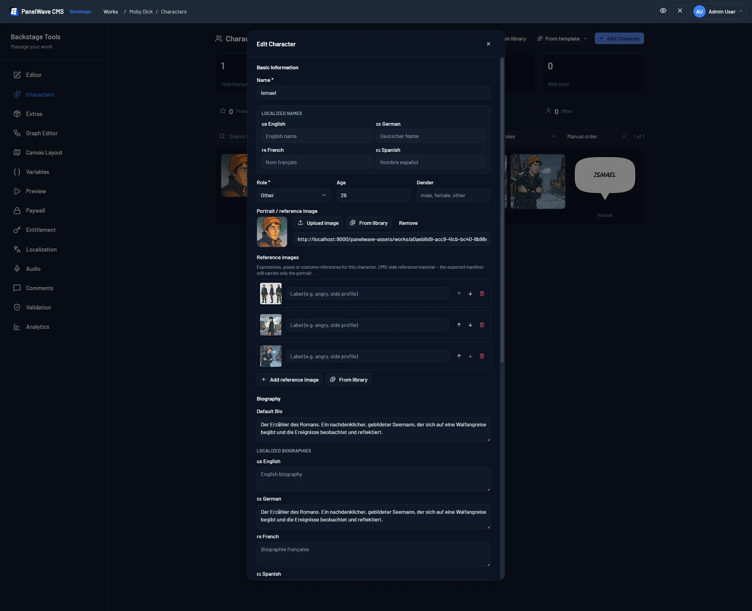 PanelWave CMS screenshot: Characters manager: localized names, portrait, reference images and biographies