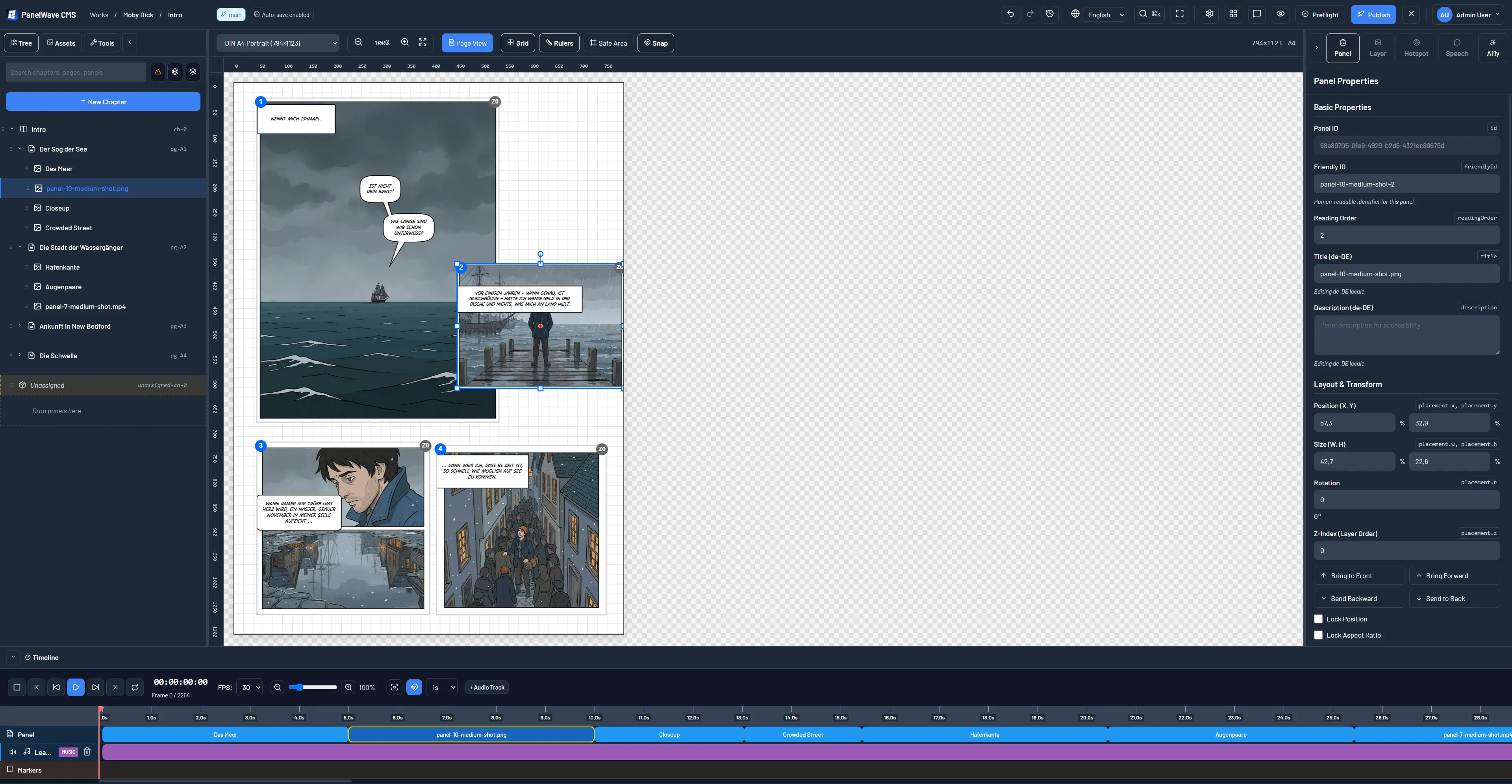 PanelWave CMS screenshot: Editor in page view, DIN A4 portrait, German-language chapter with speech balloons