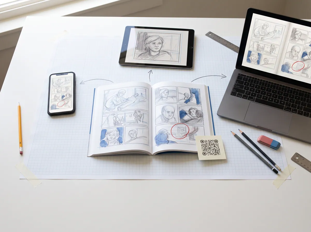 Top-down photo: an open printed graphic novel connected by hand-drawn arrows to a phone, a tablet and a laptop showing the same pages.
