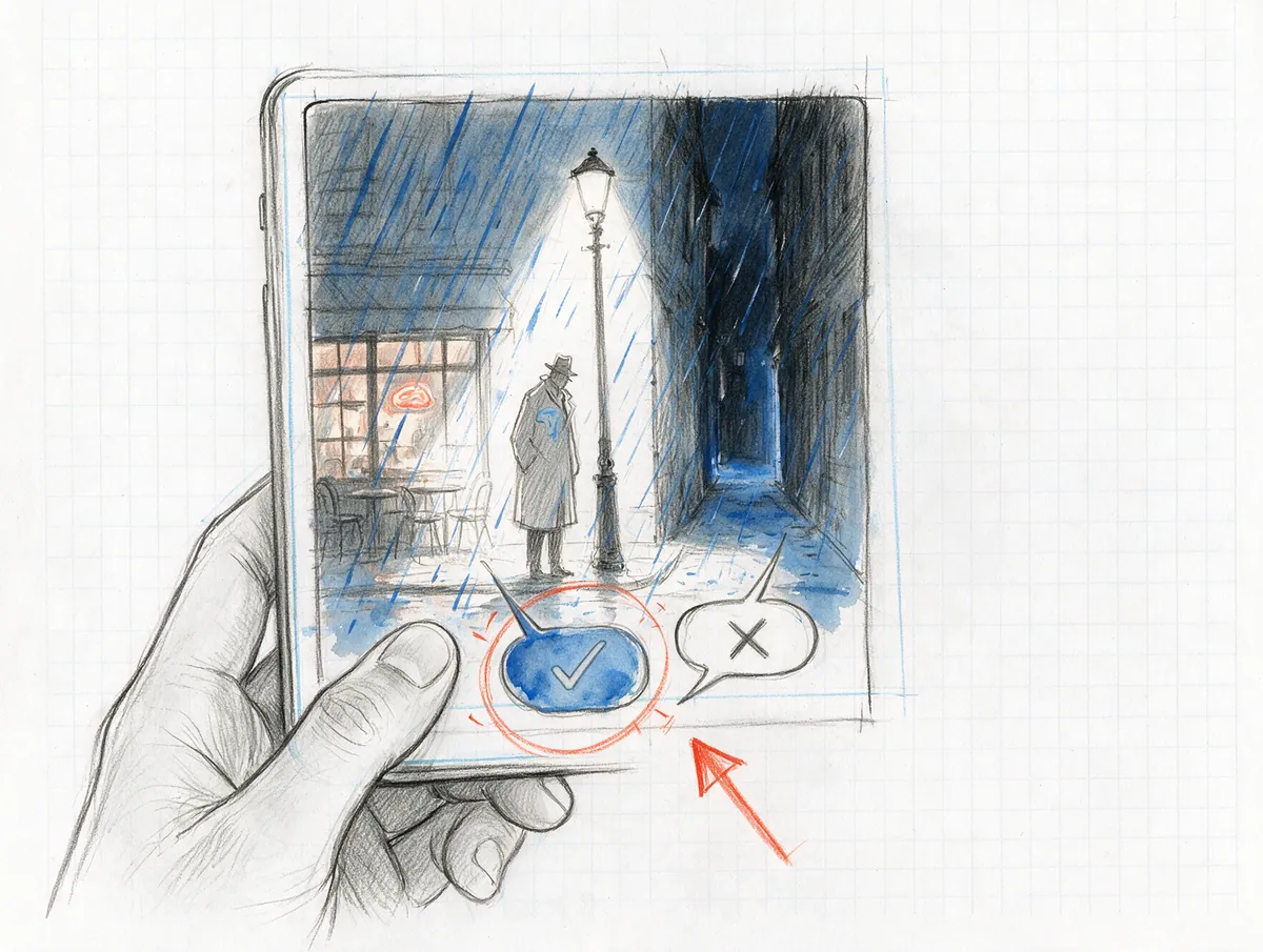 Pencil sketch of a phone held in a hand; on the screen a comic panel with rain in motion, and two speech balloons offering a choice.